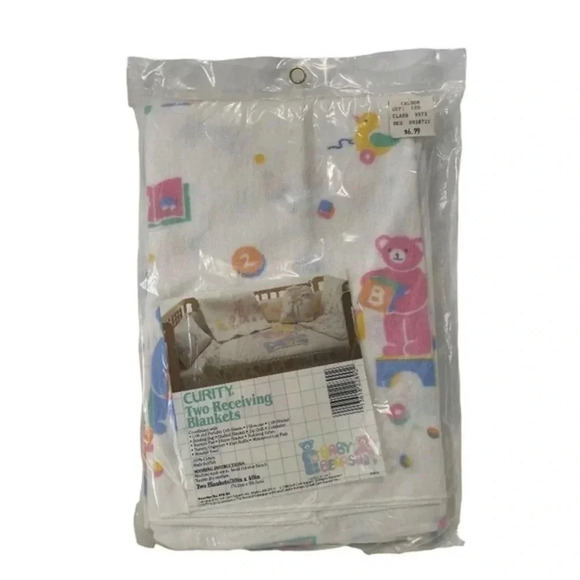 Curity Two Receiving Blankets Baby Bears 30inx40in Blue Pink Caldor Vintage 1986 - Picture 1 of 4
